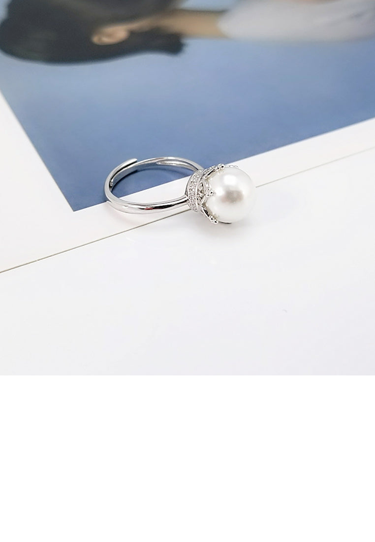 925 Sterling Silver Fashion Elegant Crown White Freshwater Pearl Adjustable Ring - Luxurious Look