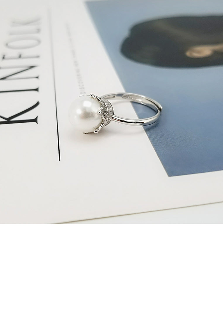 925 Sterling Silver Fashion Elegant Crown White Freshwater Pearl Adjustable Ring - Luxurious Look