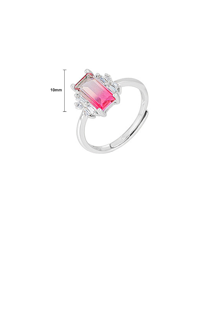925 Sterling Silver Simple Temperament Geometric Rectangle Adjustable Ring with Pink-white Cubic Zirconia - Luxurious Look