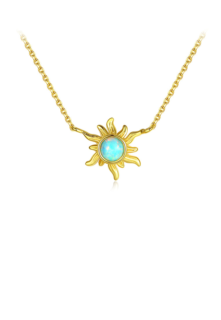 925 Sterling Silver Plated Gold Fashion and Elegant Sunflower Necklace with Blue Imitation Opal