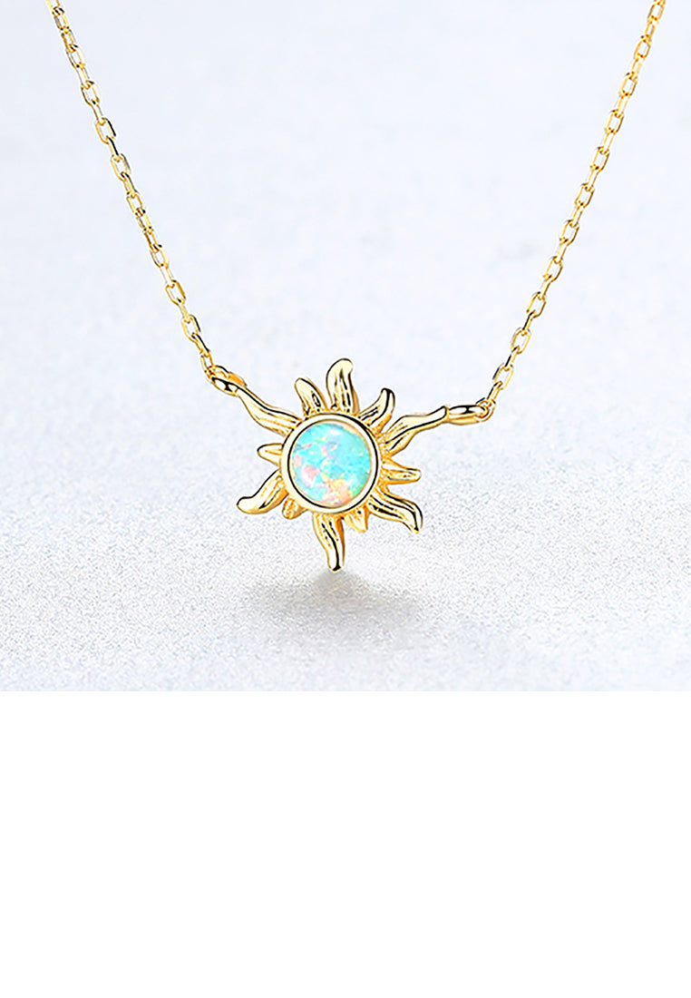 925 Sterling Silver Plated Gold Fashion and Elegant Sunflower Necklace with Blue Imitation Opal
