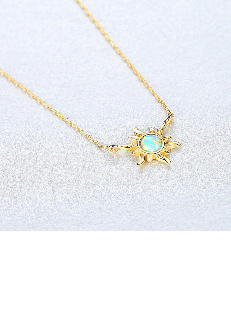 925 Sterling Silver Plated Gold Fashion and Elegant Sunflower Necklace with Blue Imitation Opal