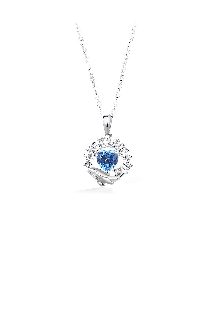 925 Sterling Silver Fashion Romantic Whale Heart Pendant with Blue Cubic Zirconia and Necklace - Luxurious Look