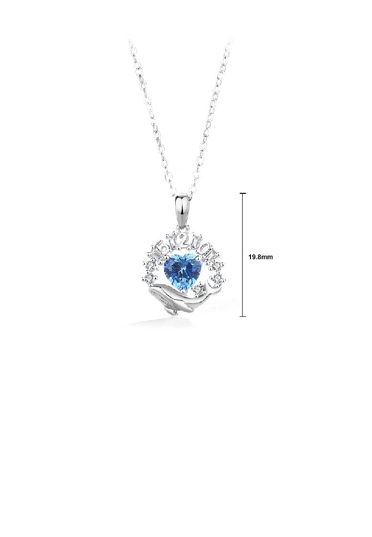 925 Sterling Silver Fashion Romantic Whale Heart Pendant with Blue Cubic Zirconia and Necklace - Luxurious Look