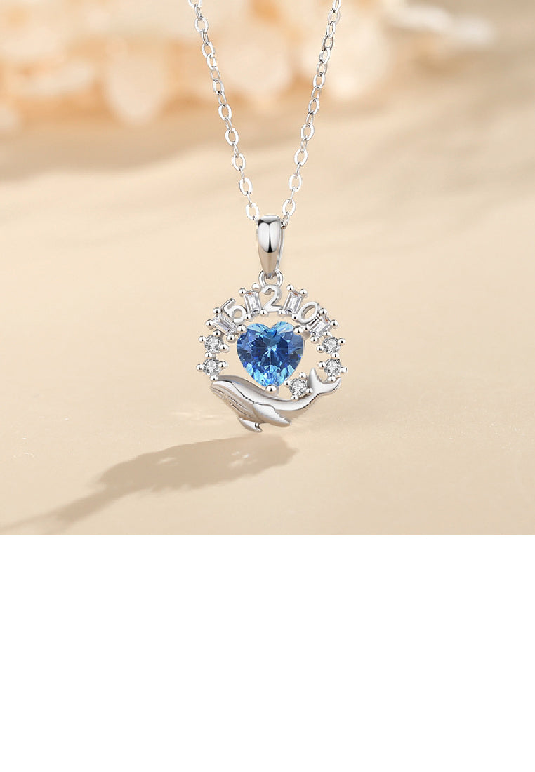 925 Sterling Silver Fashion Romantic Whale Heart Pendant with Blue Cubic Zirconia and Necklace - Luxurious Look