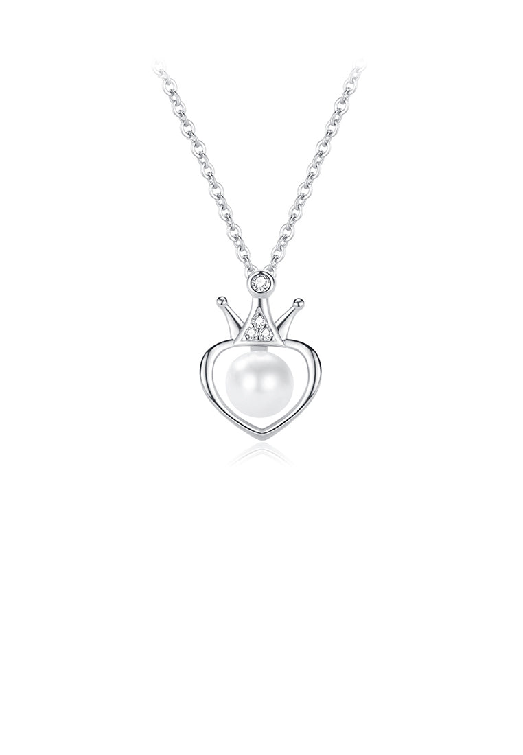 925 Sterling Silver Fashion and Elegant Crown Heart Shape Imitation Pearl Pendant with Cubic Zirconia and Necklace - Luxurious Look