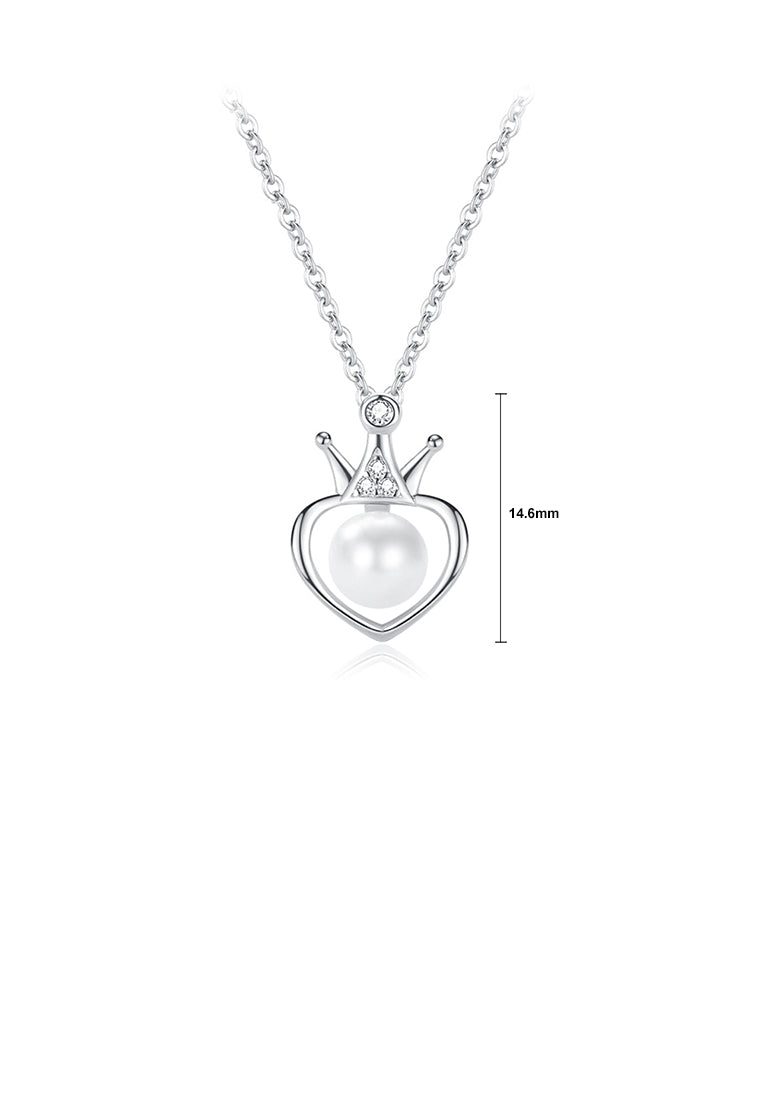 925 Sterling Silver Fashion and Elegant Crown Heart Shape Imitation Pearl Pendant with Cubic Zirconia and Necklace - Luxurious Look