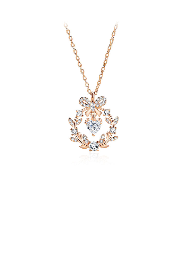925 Sterling Silver Plated Rose Gold Fashion Ribbon Flower Pendant with Cubic Zirconia and Necklace - Luxurious Look