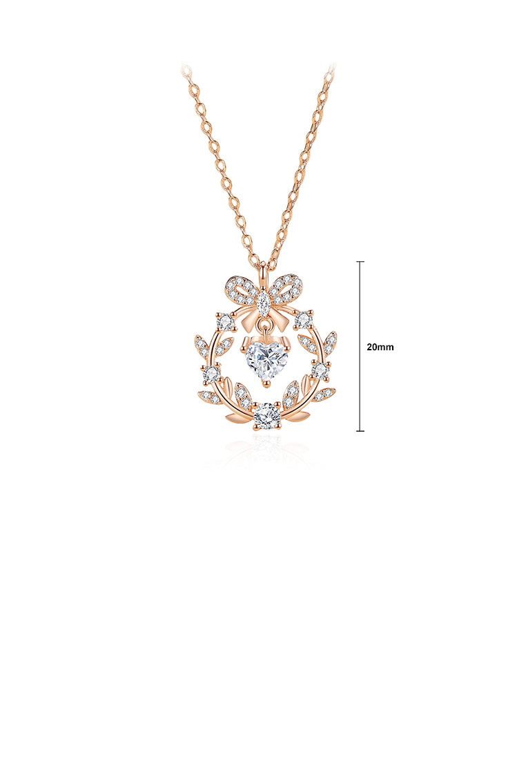 925 Sterling Silver Plated Rose Gold Fashion Ribbon Flower Pendant with Cubic Zirconia and Necklace - Luxurious Look