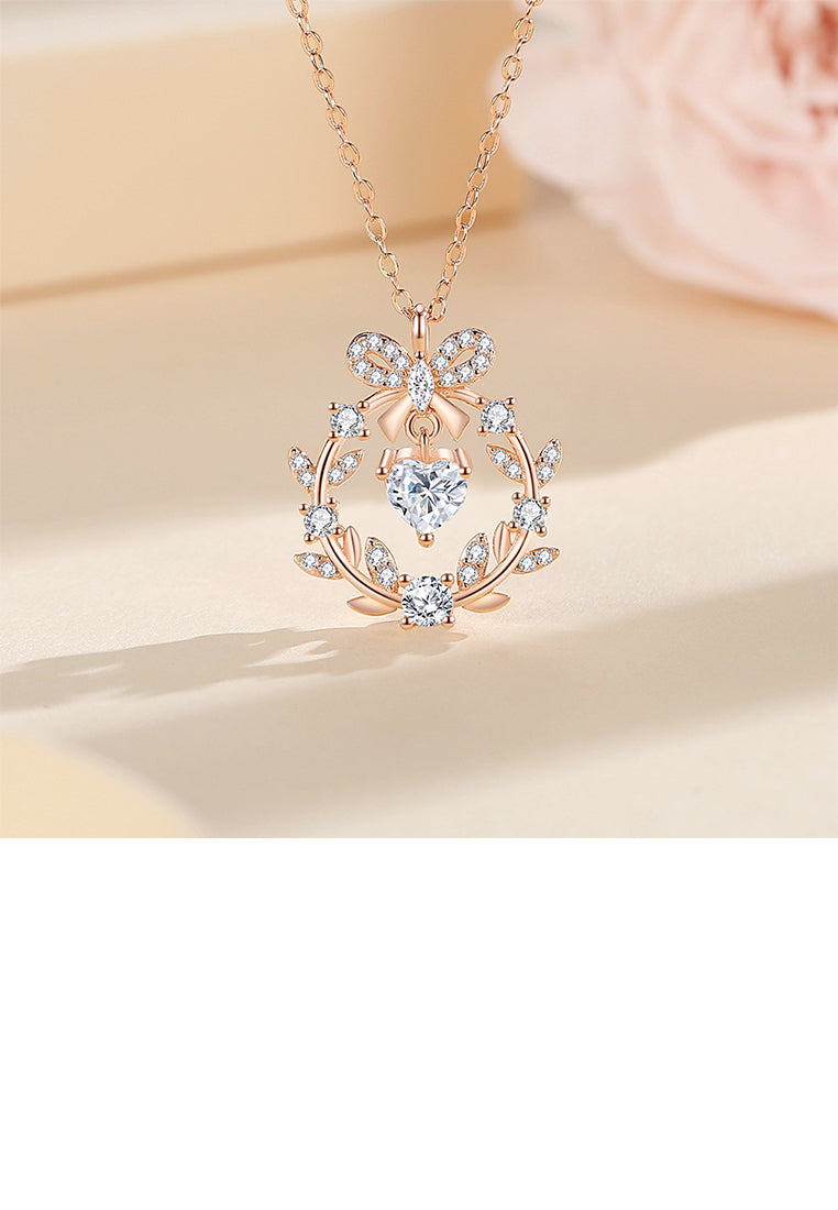 925 Sterling Silver Plated Rose Gold Fashion Ribbon Flower Pendant with Cubic Zirconia and Necklace - Luxurious Look