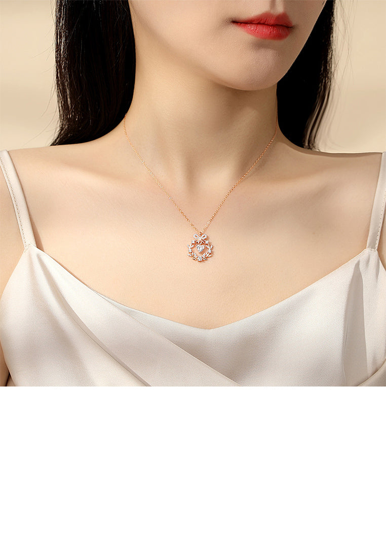 925 Sterling Silver Plated Rose Gold Fashion Ribbon Flower Pendant with Cubic Zirconia and Necklace - Luxurious Look