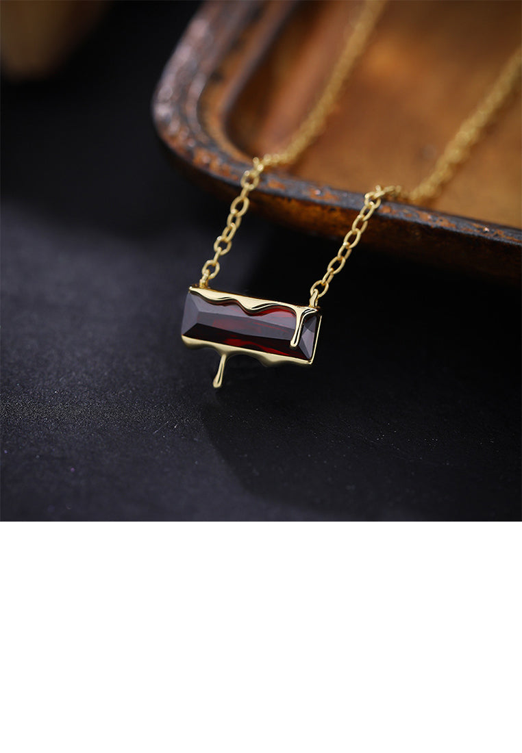 925 Sterling Silver Plated Gold Simple Personalized Lava Geometric Square Pendant with Cubic Zirconia and Necklace - Luxurious Look