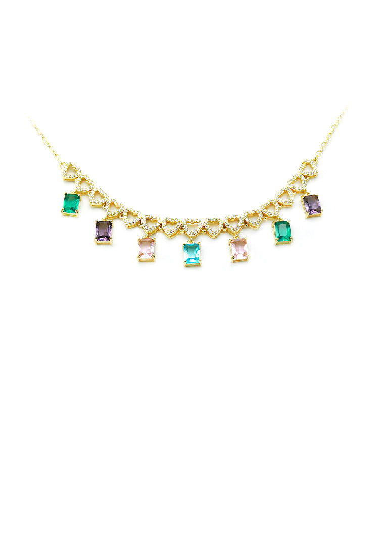 Fashion Temperament Plated Gold Hollow Heart-shaped Square Necklace with Colorful Cubic Zirconia - Luxurious Look