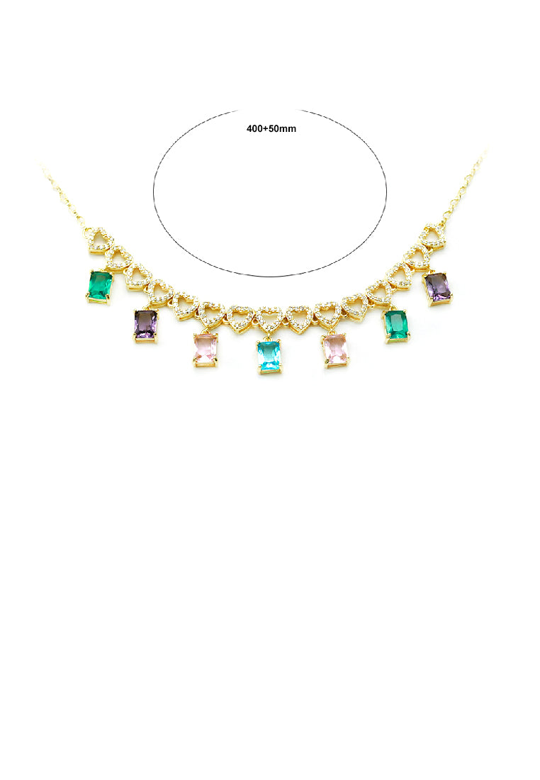 Fashion Temperament Plated Gold Hollow Heart-shaped Square Necklace with Colorful Cubic Zirconia - Luxurious Look