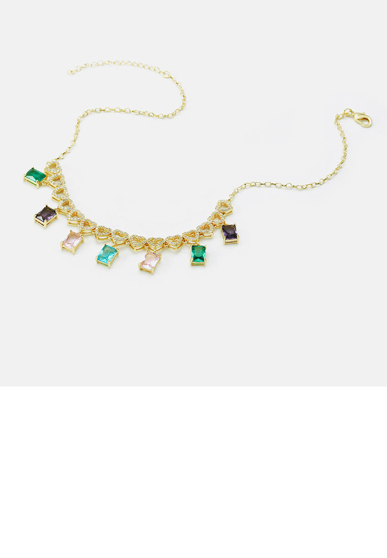 Fashion Temperament Plated Gold Hollow Heart-shaped Square Necklace with Colorful Cubic Zirconia - Luxurious Look