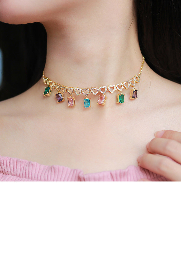 Fashion Temperament Plated Gold Hollow Heart-shaped Square Necklace with Colorful Cubic Zirconia - Luxurious Look