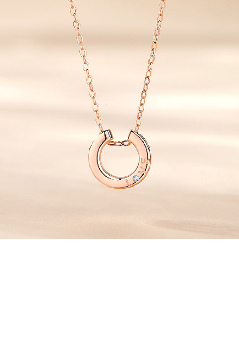 925 Sterling Silver Plated Rose Gold Simple Romantic Love Geometric Circle Pendant with Cubic Zirconia and Necklace - Luxurious Look