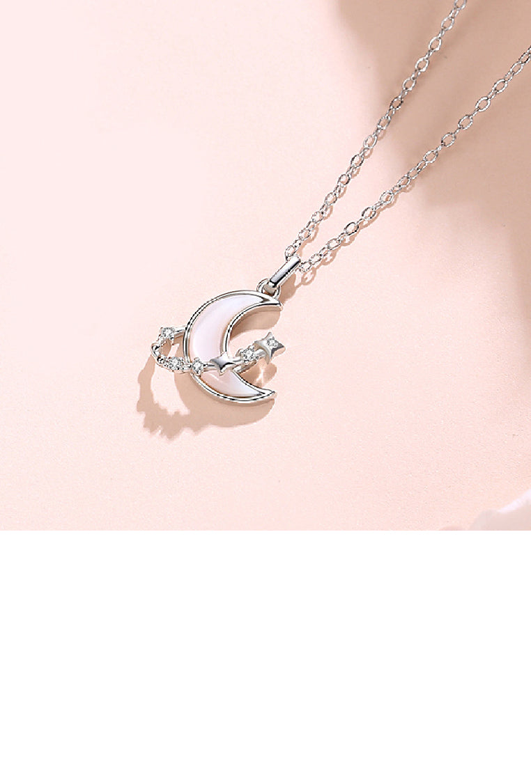 925 Sterling Silver Fashion Temperament Moon Mother-of-pearl Star Pendant with Cubic Zirconia and Necklace - Luxurious Look
