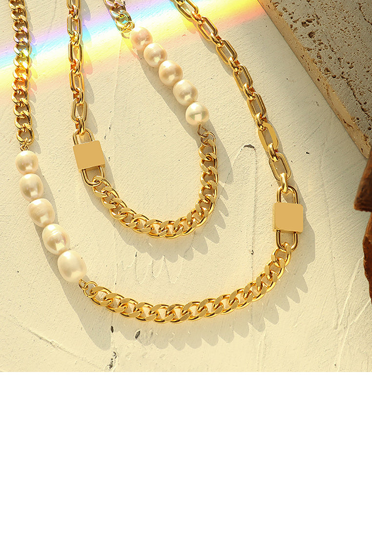Fashion Temperament Plated Gold 316L Stainless Steel Geometric Chain Imitation Pearl Necklace - Luxurious Look