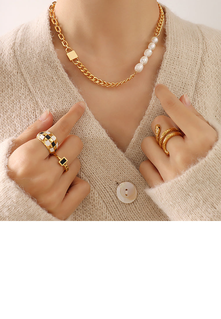 Fashion Temperament Plated Gold 316L Stainless Steel Geometric Chain Imitation Pearl Necklace - Luxurious Look
