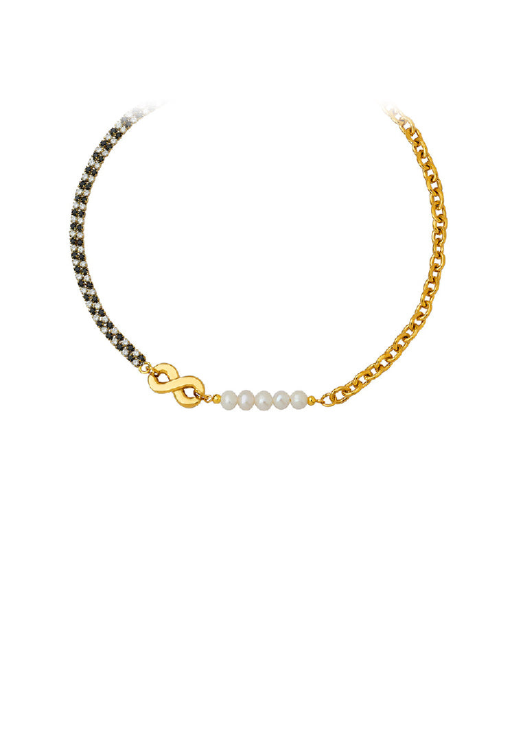 Fashion Personality Plated Gold 316L Stainless Steel Infinity Symbol Imitation Pearl Chain Necklace with Cubic Zirconia - Luxurious Look