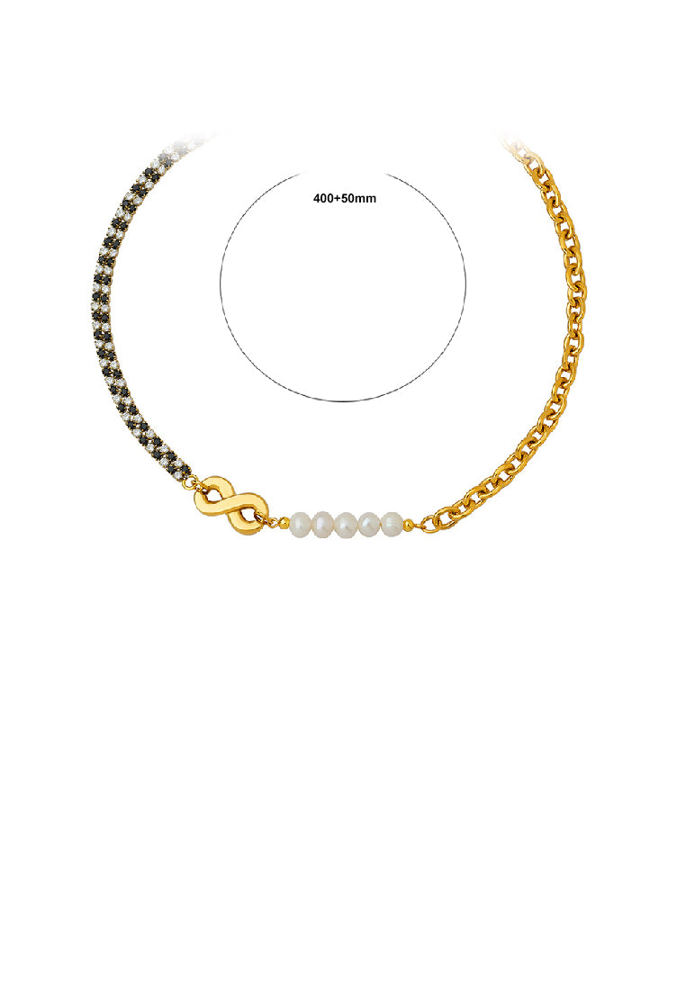 Fashion Personality Plated Gold 316L Stainless Steel Infinity Symbol Imitation Pearl Chain Necklace with Cubic Zirconia - Luxurious Look