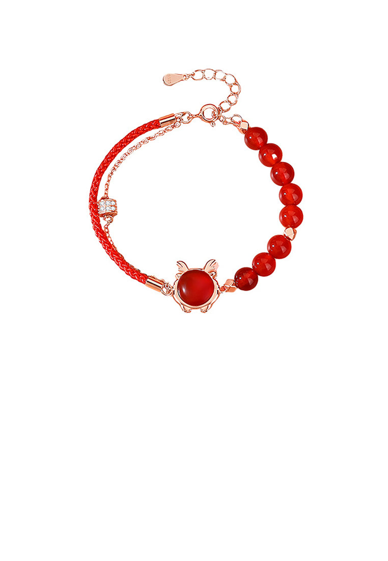 925 Sterling Silver Plated Rose Gold Fashion Retro Zodiac Dragon Imitation Agate Beaded Double Layer Bracelet with Cubic Zirconia - Luxurious Look