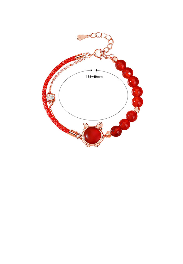925 Sterling Silver Plated Rose Gold Fashion Retro Zodiac Dragon Imitation Agate Beaded Double Layer Bracelet with Cubic Zirconia - Luxurious Look
