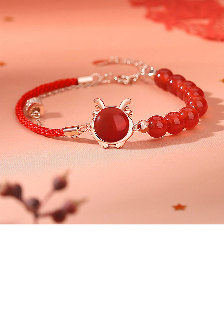 925 Sterling Silver Plated Rose Gold Fashion Retro Zodiac Dragon Imitation Agate Beaded Double Layer Bracelet with Cubic Zirconia - Luxurious Look