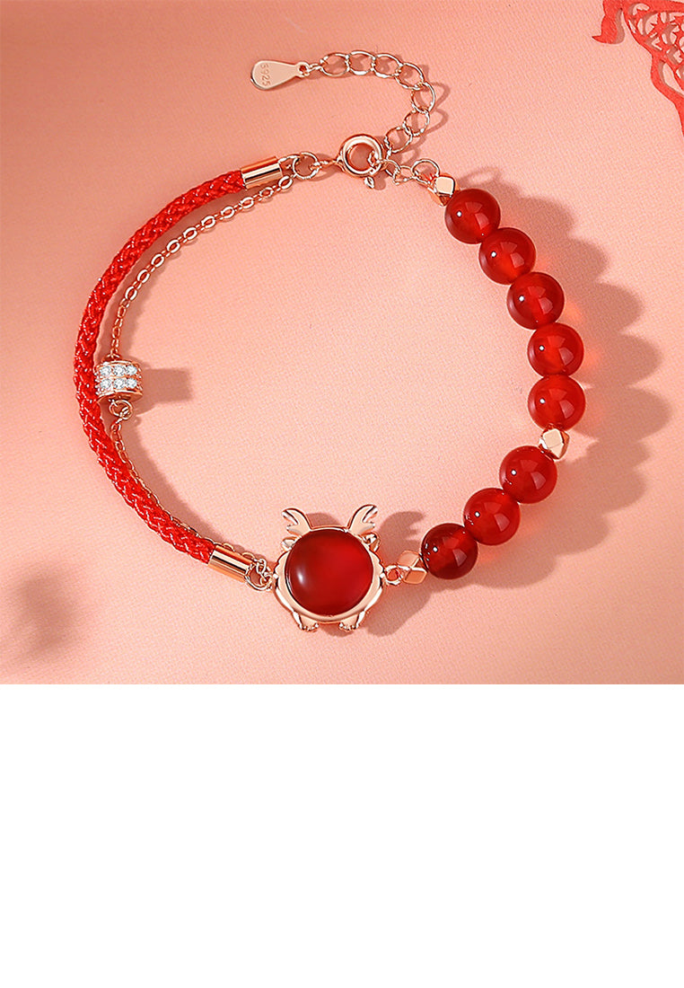 925 Sterling Silver Plated Rose Gold Fashion Retro Zodiac Dragon Imitation Agate Beaded Double Layer Bracelet with Cubic Zirconia - Luxurious Look