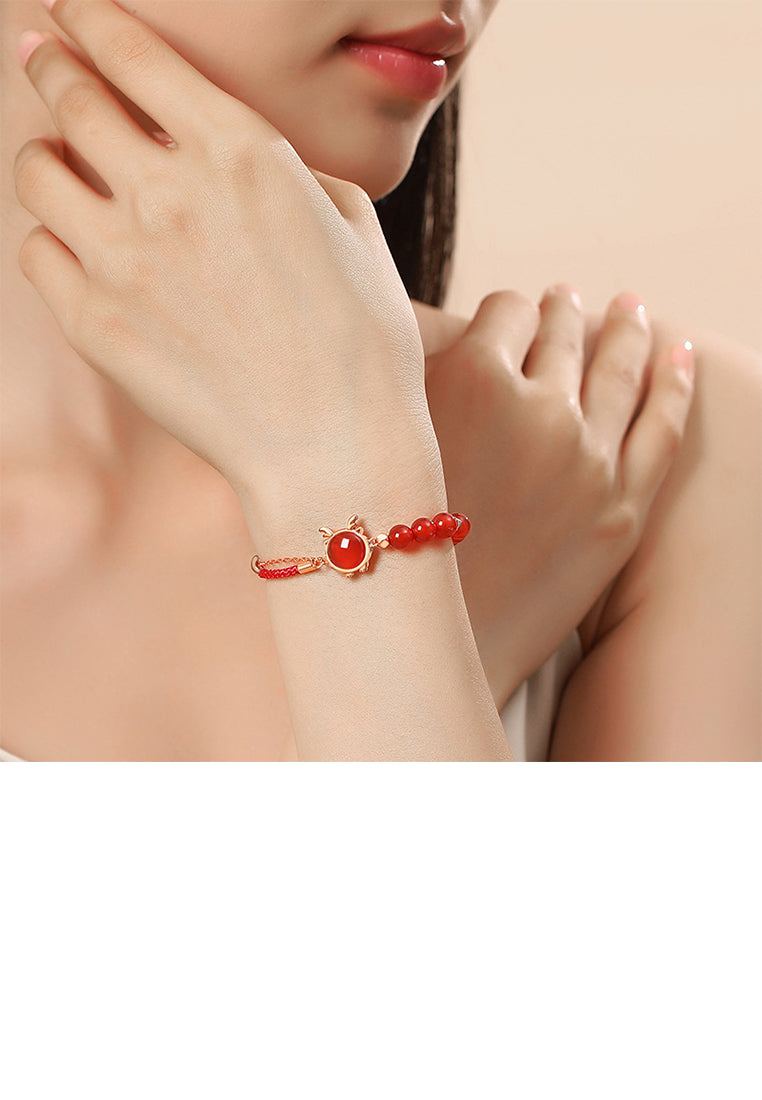 925 Sterling Silver Plated Rose Gold Fashion Retro Zodiac Dragon Imitation Agate Beaded Double Layer Bracelet with Cubic Zirconia - Luxurious Look