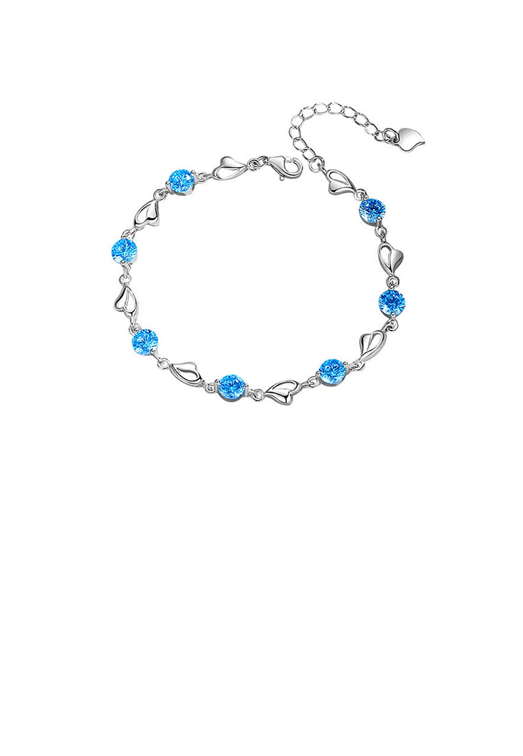 925 Sterling Silver Simple Romantic Heart Shaped Round Blue Cubic Zirconia Bracelet - Luxurious Look