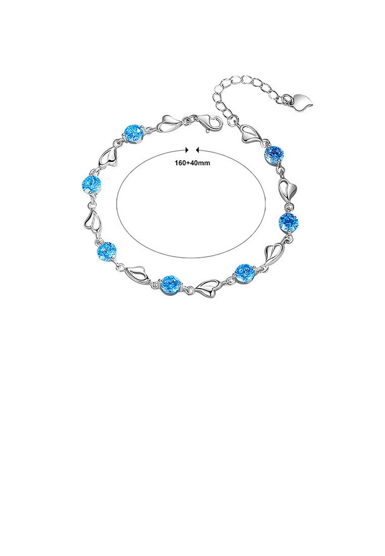 925 Sterling Silver Simple Romantic Heart Shaped Round Blue Cubic Zirconia Bracelet - Luxurious Look