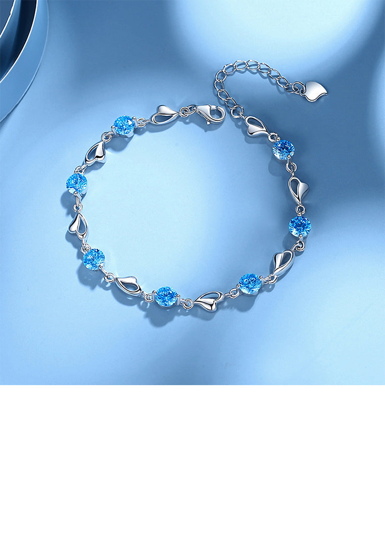 925 Sterling Silver Simple Romantic Heart Shaped Round Blue Cubic Zirconia Bracelet - Luxurious Look
