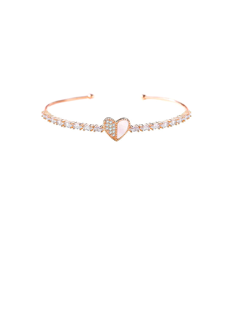 925 Sterling Silver Plated Rose Gold Simple Sweet Heart Shape Adjustable Open Bangle with Cubic Zirconia - Luxurious Look