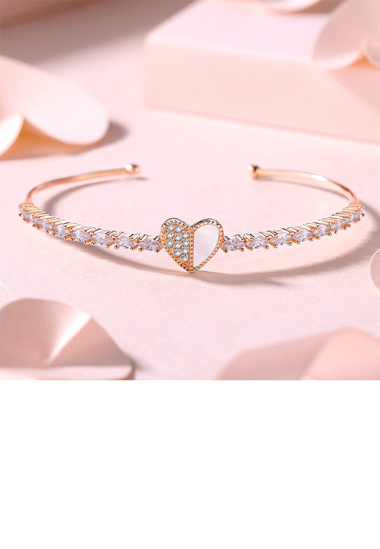 925 Sterling Silver Plated Rose Gold Simple Sweet Heart Shape Adjustable Open Bangle with Cubic Zirconia - Luxurious Look