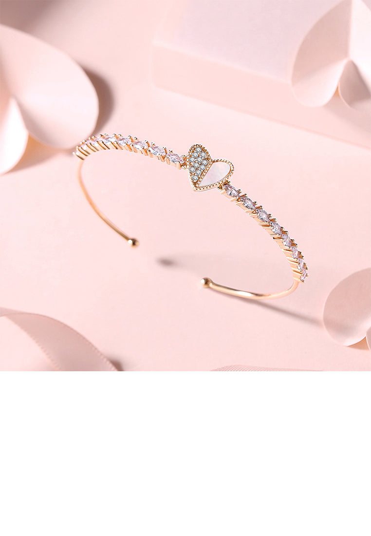 925 Sterling Silver Plated Rose Gold Simple Sweet Heart Shape Adjustable Open Bangle with Cubic Zirconia - Luxurious Look
