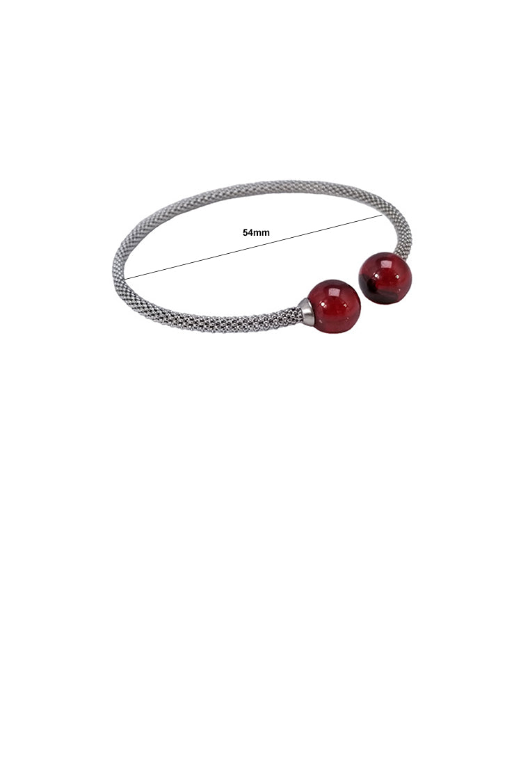 925 Sterling Silver Fashion Simple Geometric Red Imitation Pearl Bangle - Luxurious Look - Vibrant Color