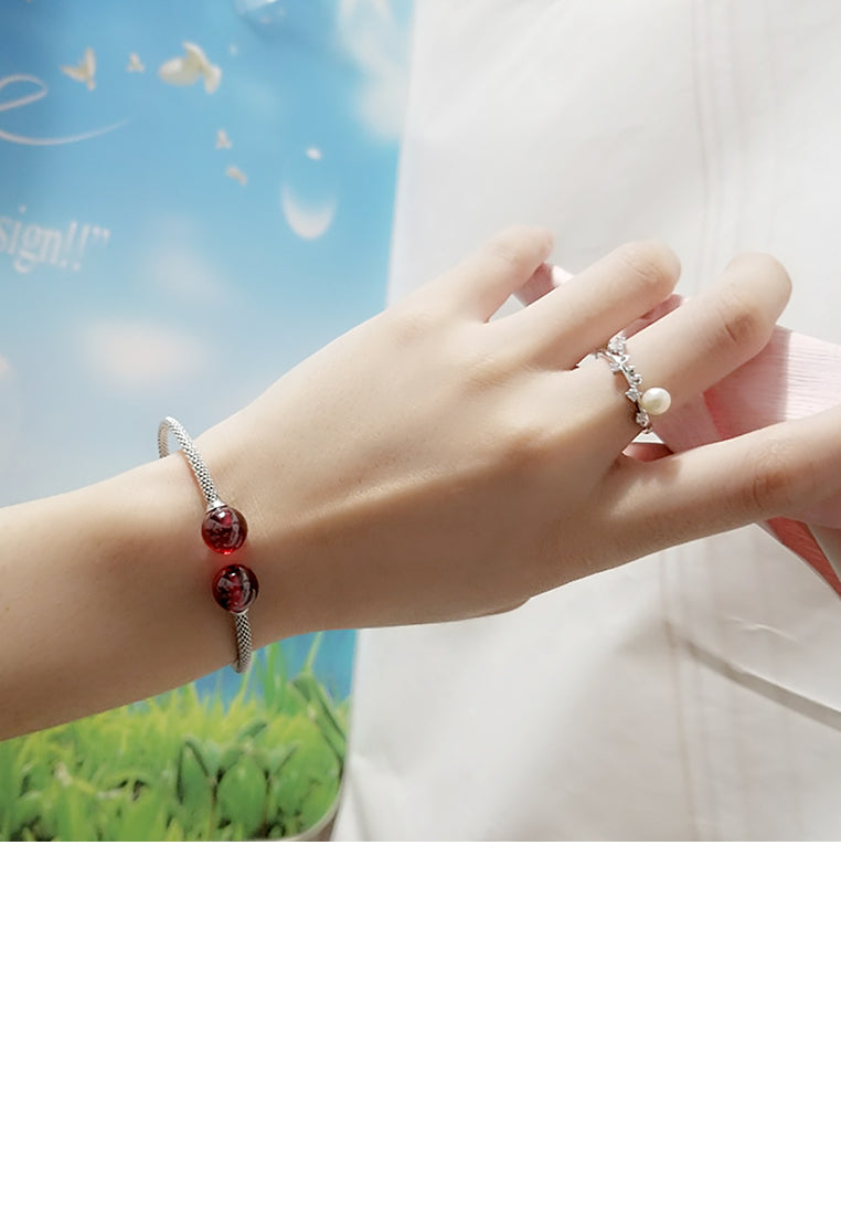 925 Sterling Silver Fashion Simple Geometric Red Imitation Pearl Bangle - Luxurious Look - Vibrant Color