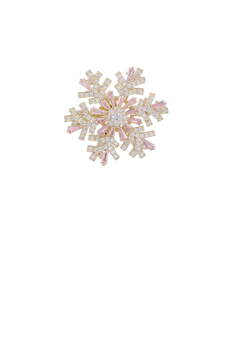 Fashion Brilliant Plated Gold Snowflake Brooch with Pink Cubic Zirconia - Luxurious Look - Vibrant Color