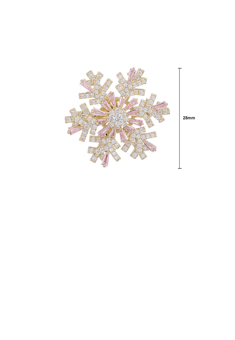 Fashion Brilliant Plated Gold Snowflake Brooch with Pink Cubic Zirconia - Luxurious Look - Vibrant Color
