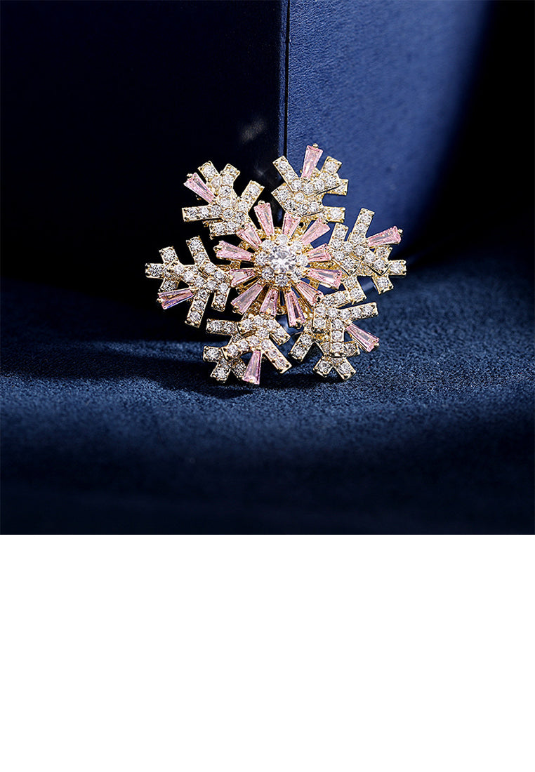 Fashion Brilliant Plated Gold Snowflake Brooch with Pink Cubic Zirconia - Luxurious Look - Vibrant Color
