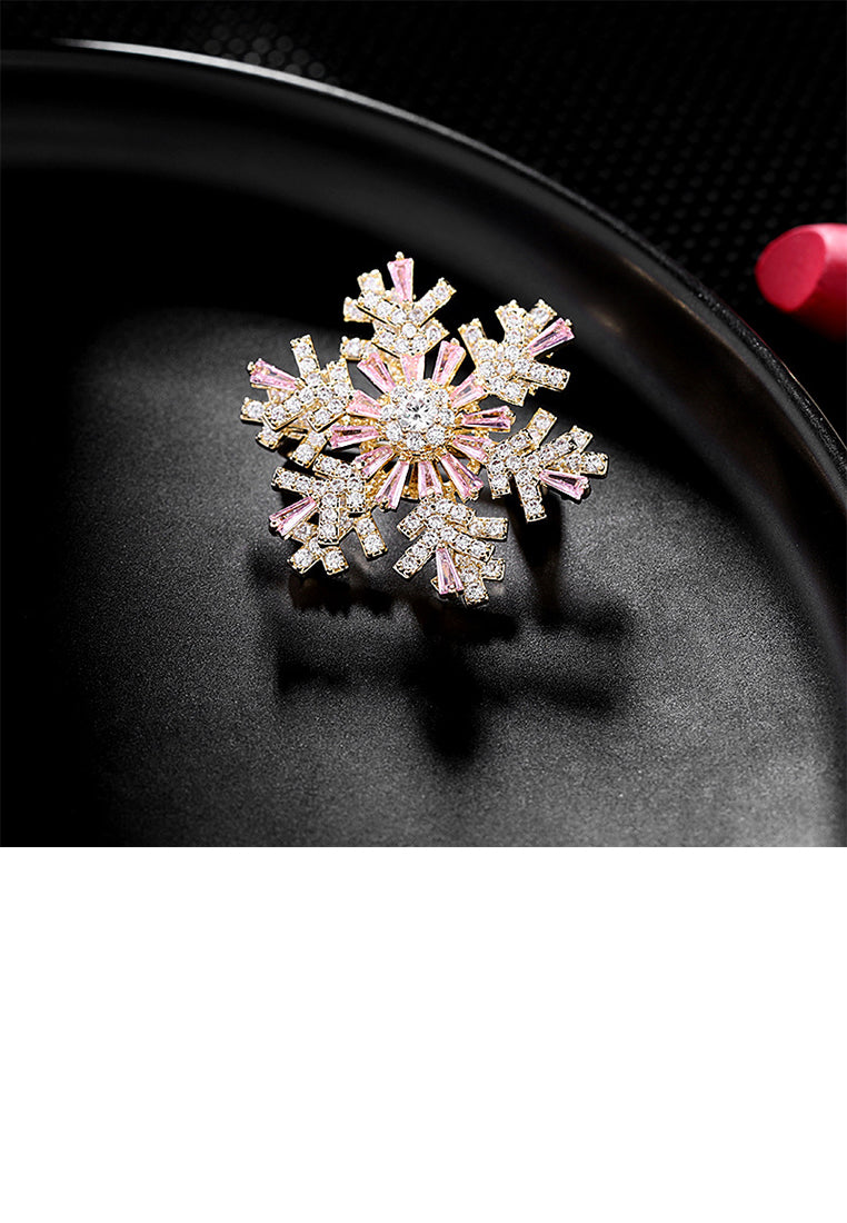 Fashion Brilliant Plated Gold Snowflake Brooch with Pink Cubic Zirconia - Luxurious Look - Vibrant Color