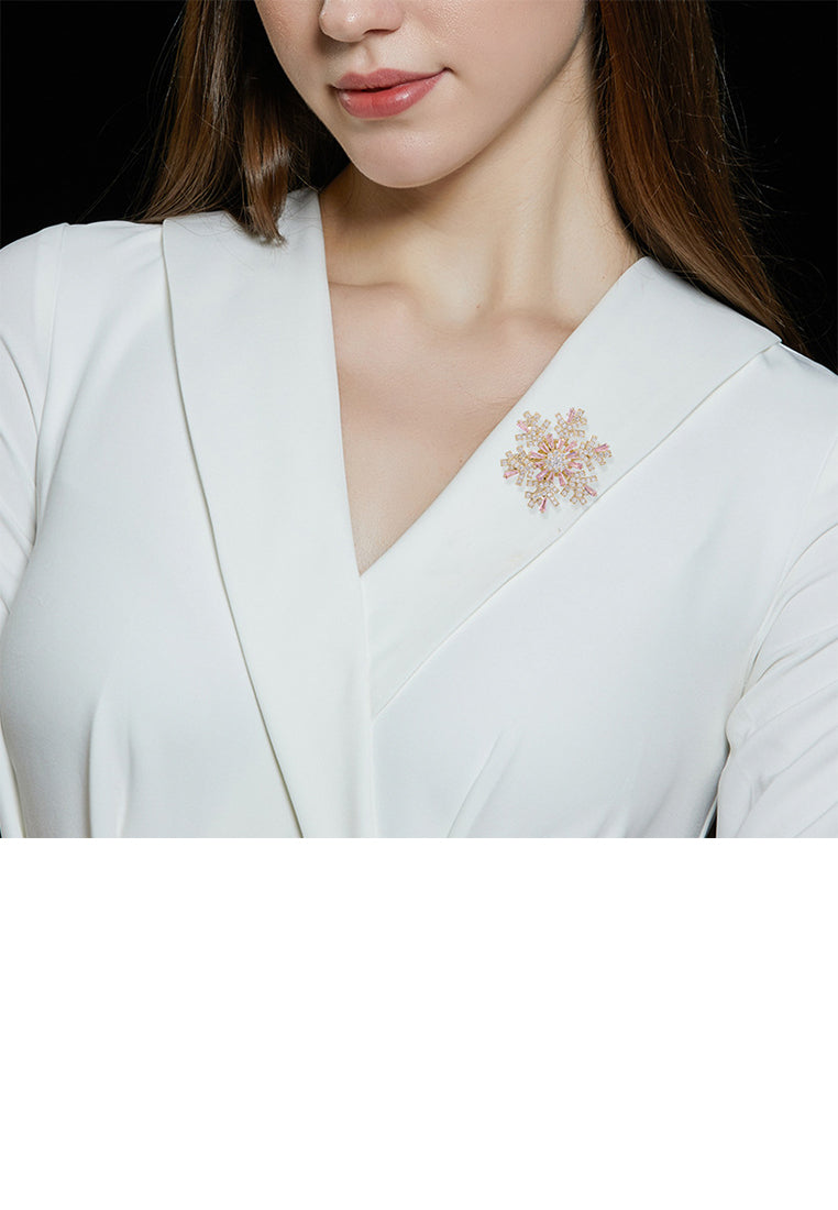 Fashion Brilliant Plated Gold Snowflake Brooch with Pink Cubic Zirconia - Luxurious Look - Vibrant Color