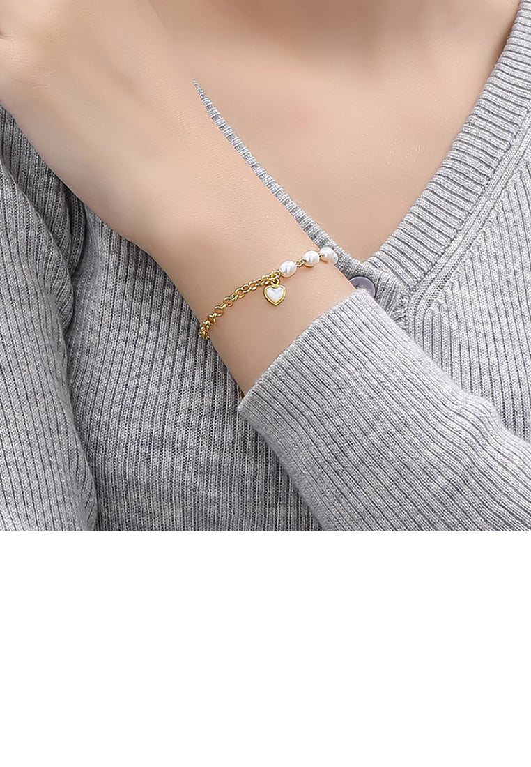 925 Sterling Silver Plated Gold Simple Temperament Heart-shaped Freshwater Pearl Bracelet - Luxurious Look