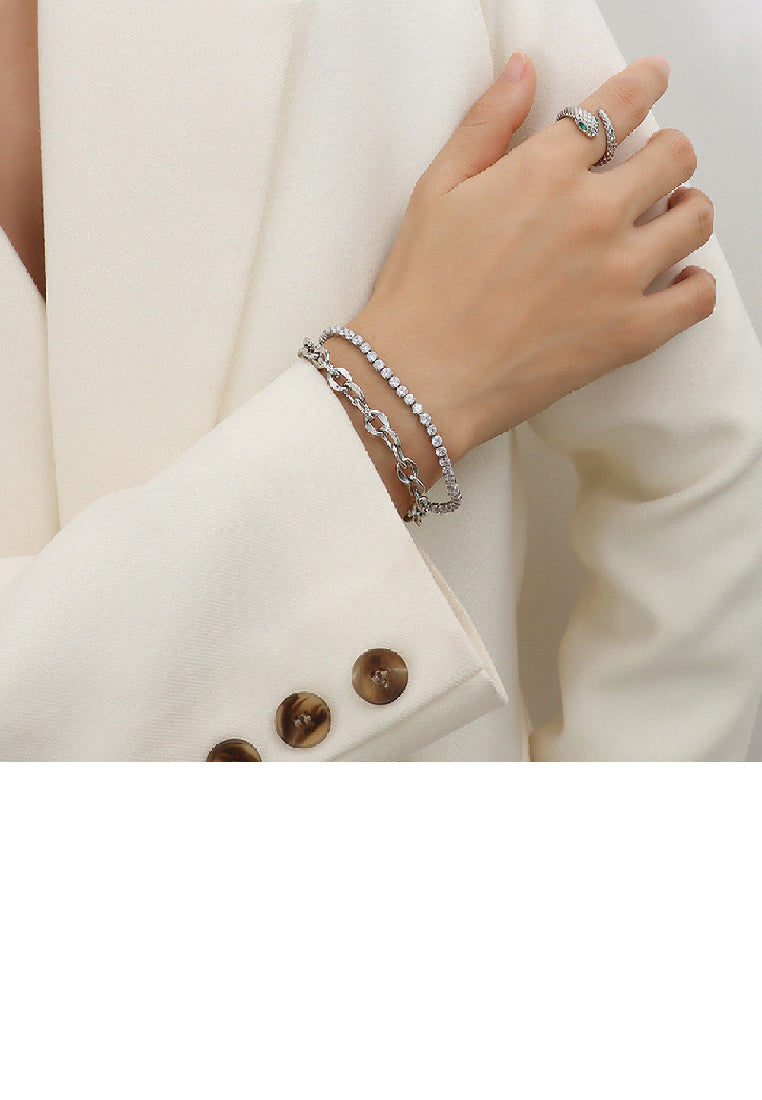 Simple Personality 316L Stainless Steel Chain Double Layer Bracelet with Cubic Zirconia - Luxurious Look