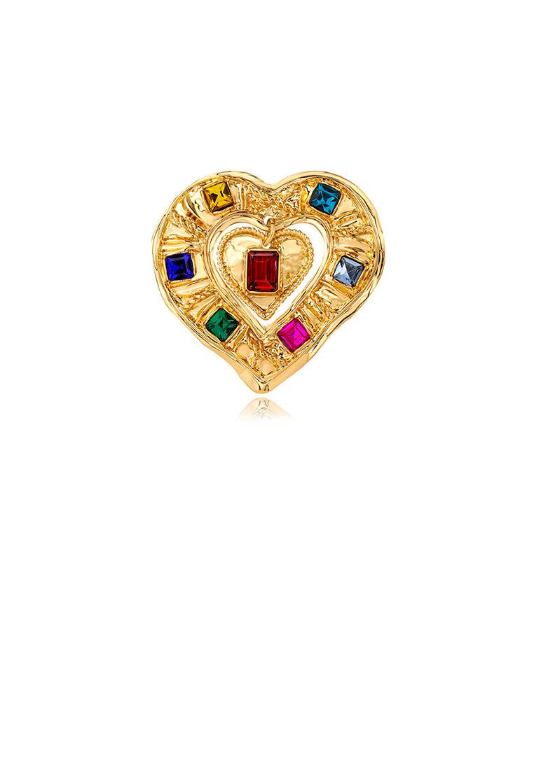 Fashion Vintage Plated Gold Heart Brooch with Colored Cubic Zirconia - Luxurious Look