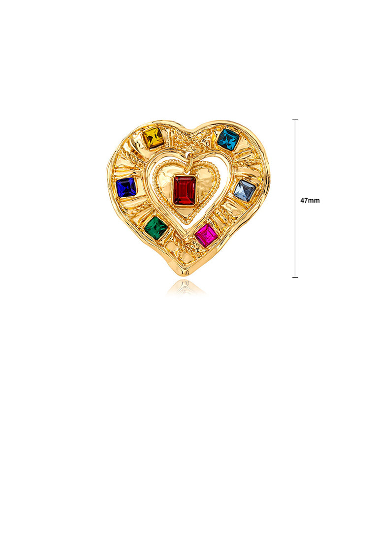 Fashion Vintage Plated Gold Heart Brooch with Colored Cubic Zirconia - Luxurious Look