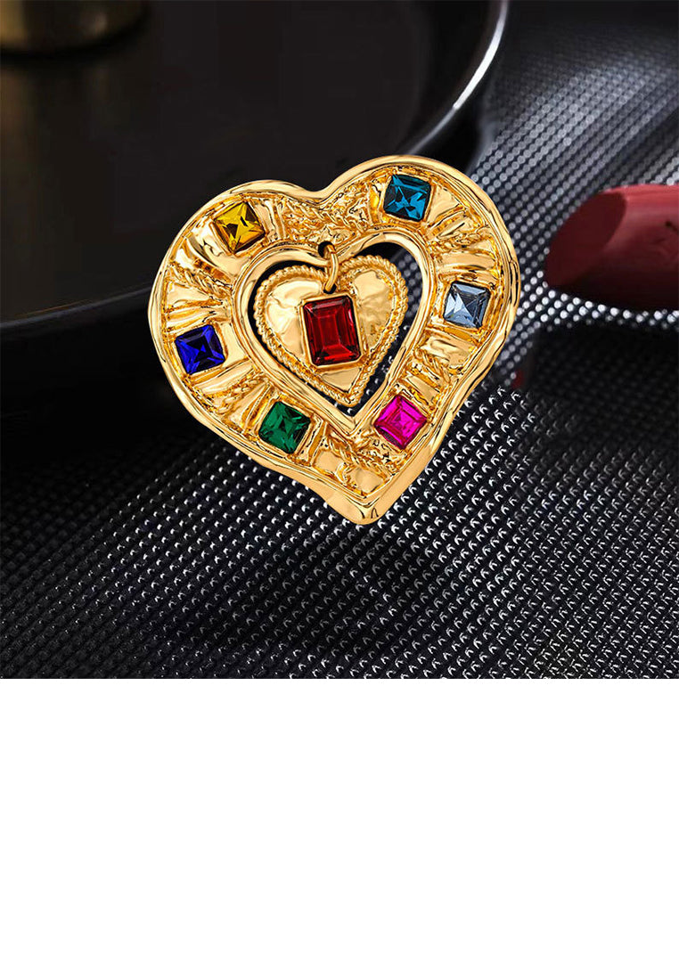 Fashion Vintage Plated Gold Heart Brooch with Colored Cubic Zirconia - Luxurious Look