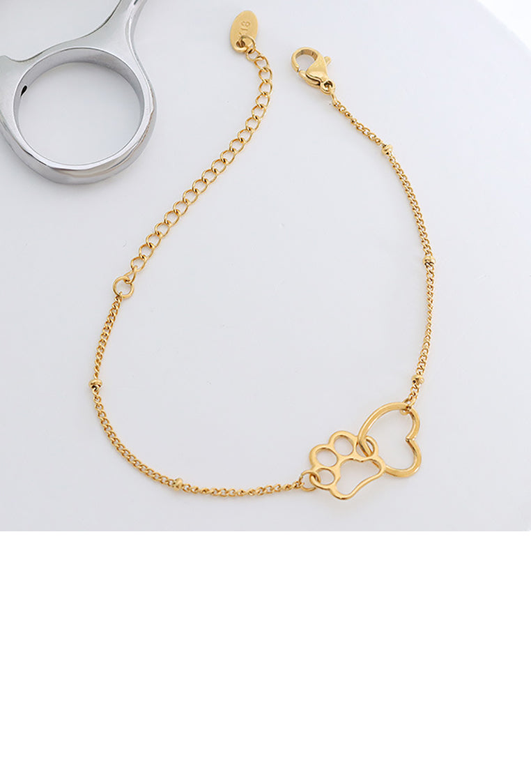 Simple and Cute Plated Gold 316L Stainless Steel Puppy Footprint Heart Bracelet